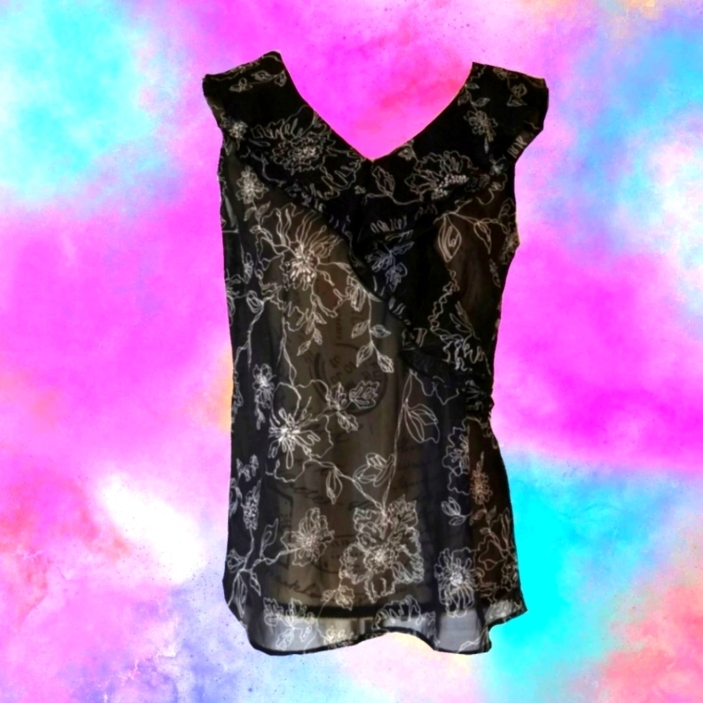 Y2K Whimsigoth Vintage Ruffle Floral Sheer Top Romantic Black Womens S